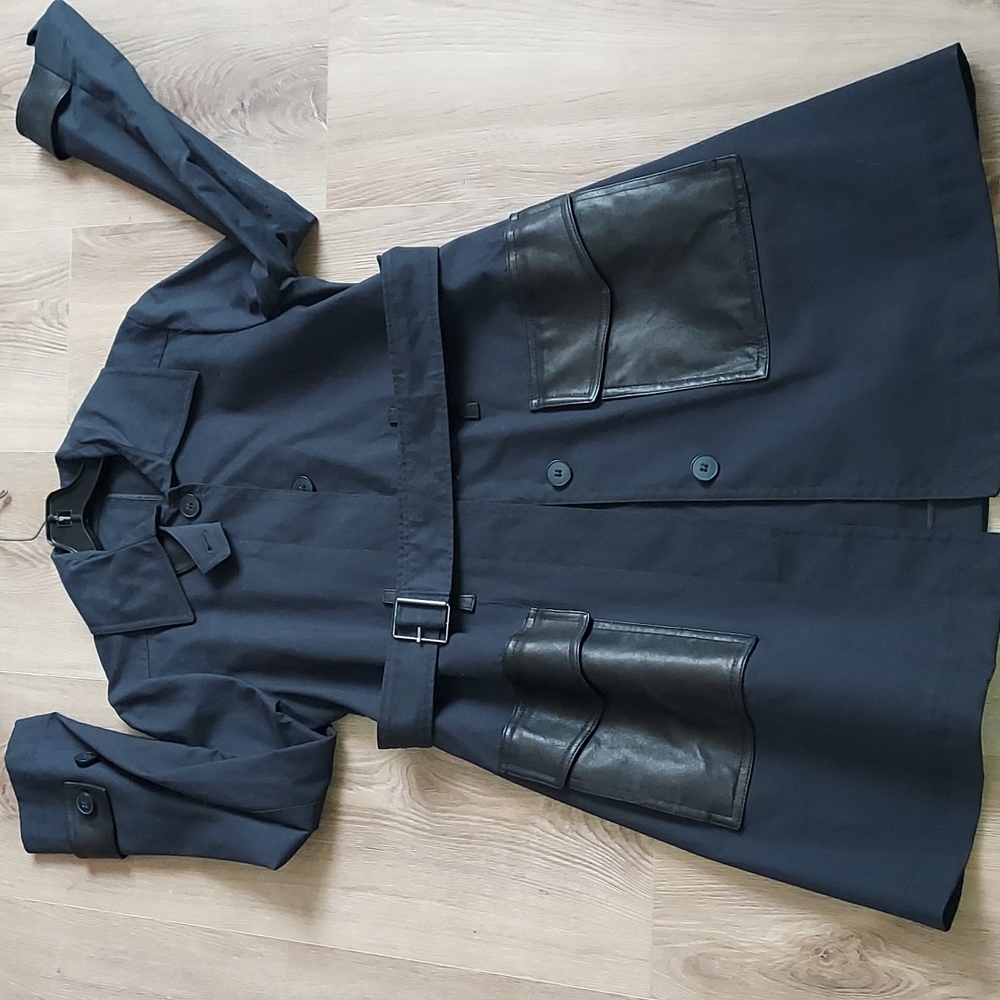 THEORY real leather detailed navy belted trench coat nwot